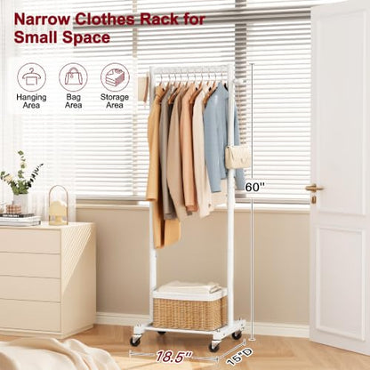 SLEEPING LAMB Small Clothes Racks for Hanging Clothes, Rolling Clothing Rack with Shelves, 60" Metal Garment Rack with Wheels Portable Wardrobe Rack for Small Space, White - color: White