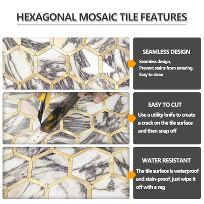 STICKGOO Hexagon Peel and Stick Backsplash Tile, Stick on Backsplash for Kitchen and Bathroom, Glossy Calacatta Viola Marble PVC Mixed Metal Gold Self Adhesive Wall Tiles(10 Sheets, Seamless) - color: Calacatta Viola Marble with Metal Gold