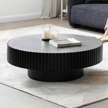 39.37'' Black Round Coffee Table for Living Room, Modern Wood Nesting Coffee Table Handcraft Circle Fluted Drum Coffee Table, Easy Assembly - color: Black, size: 39.37"x23.62"x13.42"