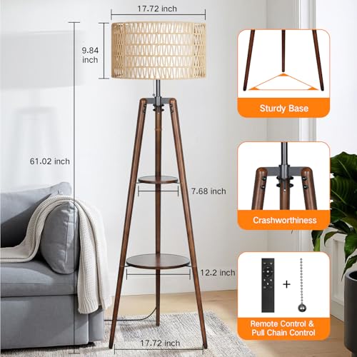 OUTON Boho Rattan Tripod Floor Lamp with Shelves, Dimmable Mid Century Modern Standing Lamp with Remote Control,Wood Tall Floor Lamps for Living Room Bedroom Office Farmhouse Bulb Included, Walnut - color: Walnut