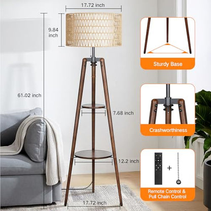 OUTON Boho Rattan Tripod Floor Lamp with Shelves, Dimmable Mid Century Modern Standing Lamp with Remote Control,Wood Tall Floor Lamps for Living Room Bedroom Office Farmhouse Bulb Included, Walnut - color: Walnut