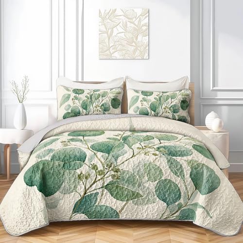 AILONEN Queen Quilted Comforter Set 3 Piece, Sage Leaf Bedspread Coverlet with 2 Pillowcases, Watercolor Bedding for Master Bedroom - color: Eucalyptus Leaves, size: Queen