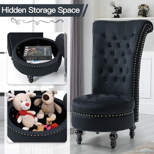 AVAWING High Back Velvet Tufted Throne Chairs with Storage Set of 2, Black | Tufted Nailhead Design; Hidden Storage; Soft Velvet; Sturdy Wood Legs 330Lbs; High Density Foam; Ergonomic Back - color: Black