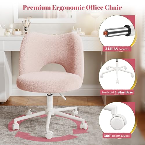 DurayLoly Vanity Chair with Open Back & Wheels,Armless,Pink | Armless,Silent Wheels, Height Adjustable, Soft Teddy Fabric, 360° Swivel for Bedroom Vanity & Home Office, Candy Pink - color: Candy Pink