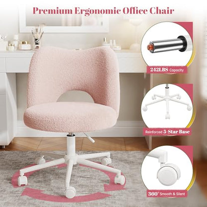 DurayLoly Vanity Chair with Open Back & Wheels,Armless,Pink | Armless,Silent Wheels, Height Adjustable, Soft Teddy Fabric, 360° Swivel for Bedroom Vanity & Home Office, Candy Pink - color: Candy Pink