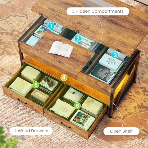 Itaar 40" Lift Top Coffee Table with 2 Drawers Storage for Living Room | Rustic Brown 4 in 1 Expandable Coffee Table with 2 Drawers & LED Light & Hidden Compartmen for Dining Living Room Table - color: Rustic Brown 2