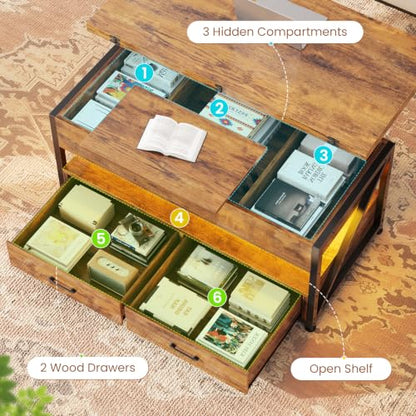 Itaar 40" Lift Top Coffee Table with 2 Drawers Storage for Living Room | Rustic Brown 4 in 1 Expandable Coffee Table with 2 Drawers & LED Light & Hidden Compartmen for Dining Living Room Table - color: Rustic Brown 2