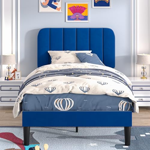 VECELO Twin Size Bed Frame with Upholstered Headboard, Velvet Platform Bedframe Mattress Foundation, Strong Wood Slat Support, No Box Spring Needed,Blue - color: Blue, size: Twin, style: Bed Frame