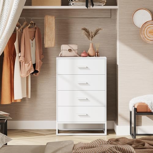 White Dresser for Bedroom with 4 Drawers, Tall Wooden Chest of Drawers with Sturdy Metal Frame, Small Storage Organizer Cabinet for Closet, Hallway, Living Room - color: Whte