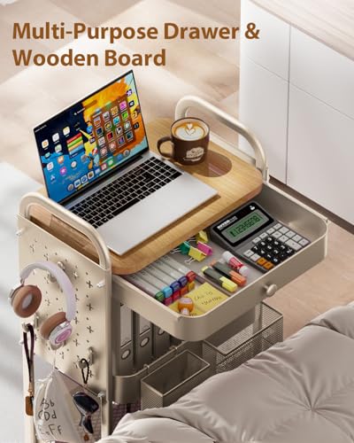 ALVOROG 3 Tier Metal Rolling Cart with Drawer,Wood Top,Pegboards,Khaki | Storage Utility Cart with Drawers,Pegboards,Lockable Wheels,Baskets,Hooks for Kitchen,Office,Bedroom,DIY Supplies - color: Beige