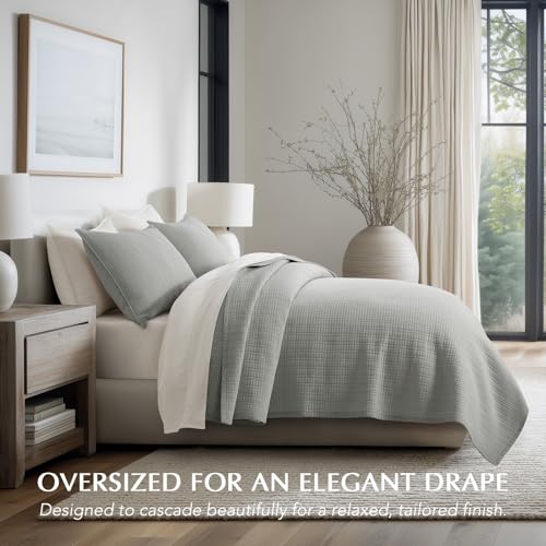 100% Cotton Modern Grid Stitch Quilt Set, King Size, Drizzle Gray | Pre-Washed Cotton Coverlet Bedspread, Oversized Lightweight 3-Piece Bedding Set for All Season, with 2 Pillow Shams - color: Drizzle Gray, size: King (110" X 94")