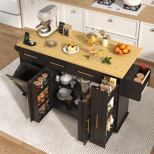 St.Mandyu 69" Large Kitchen Island on Wheels, Kitchen Rolling Island Cart with Trash Storage Cabinet, Power Outlet, 3-Tier Pull-Out Storage Trays, Drop Leaf, Mobile Island Table for Kitchen, Black - color: Black