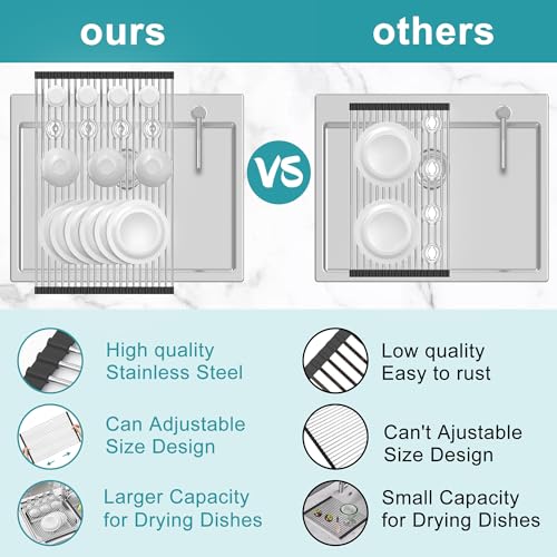 Extra Large Expandable Roll Up Dish Drying Rack,Over The Sink Drying Rack Sink Cover Kitchen Sink Accessories Kitchen Rolling up Stainless Steel Drainer, Foldable,Rollable（Black，22.8''-12.4''） - color: Black