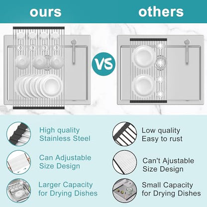 Extra Large Expandable Roll Up Dish Drying Rack,Over The Sink Drying Rack Sink Cover Kitchen Sink Accessories Kitchen Rolling up Stainless Steel Drainer, Foldable,Rollable（Black，22.8''-12.4''） - color: Black