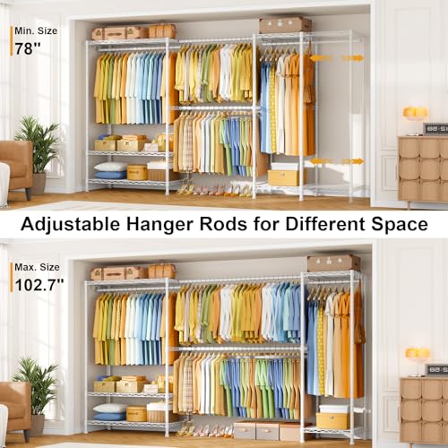 Heavy-Duty Garment Rack, Adjustable Clothing Racks Hanging Clothes | E17 Freestanding Metal Closet System, Clothing Storage and Organizer with Wire Shelves, (78-102.7)”W x 15.7”D x 76.6”H, White - color: White