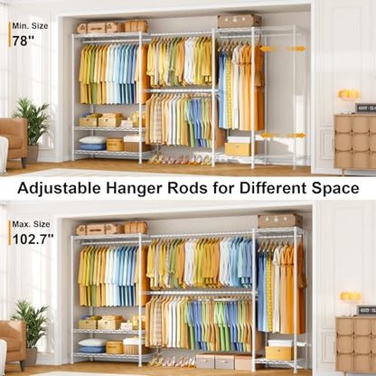 Heavy-Duty Garment Rack, Adjustable Clothing Racks Hanging Clothes | E17 Freestanding Metal Closet System, Clothing Storage and Organizer with Wire Shelves, (78-102.7)”W x 15.7”D x 76.6”H, White - color: White