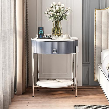 OIOG Nightstand with Drawer and Shelf, Marbling Natural Stone/Silver | Round Modern Side Table, Storage, Shelf, Chrome Finish Metal Legs, 2 Tier End Table, For Living Room, Bedroom, Office - color: Silver