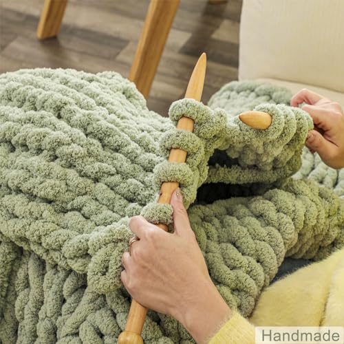 WESHIONGOO Chunky Knit Blanket Throw for Couch Bed 40"×40" Sage Green | 100% Handmade Knit Throw blanket Throw Blanket With Jumbo Chenille Yarn Thick - color: Sage Green, size: 40"x40"(Small Size Throw)
