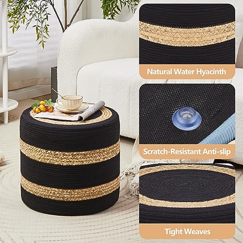 Wimarsbon 18'' Ottoman Pouf, Natural Braided Poof, Rustic Handweave Lounge Pouffe, Boho Footrest Stool for Bedroom, Accent Table or Seat for Living Room (Natural Water Hyacinth + Black Cotton Rope) - color: 18inch Natural Water Hyacinth + Black Cotton Rop