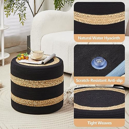 Wimarsbon 18'' Ottoman Pouf, Natural Braided Poof, Rustic Handweave Lounge Pouffe, Boho Footrest Stool for Bedroom, Accent Table or Seat for Living Room (Natural Water Hyacinth + Black Cotton Rope) - color: 18inch Natural Water Hyacinth + Black Cotton Rop