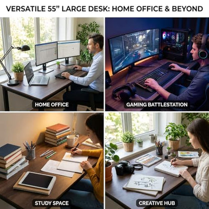 55 inch Large Computer Desk Wood, Modern Simple Style Desk for Home Office, Bedroom, Study Student Writing Desk, Small Spaces, Black Metal Frame, Walnut Top - color: Walnut, size: 55"