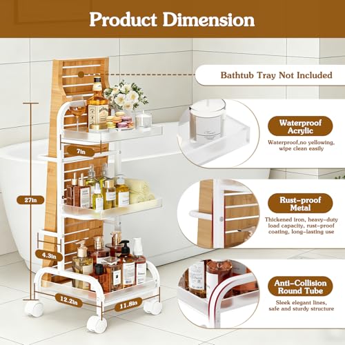 Bathroom Cart with Bathtub Tray Holder, Bathroom Organizers and Storage, Small Slim Shelf Organizer with Bath Tub Caddy Rack, 3 Tier Narrow Skinny Acrylic Rolling Cart for Laundry Room Living Room