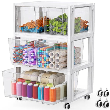 Stackable Storage Drawer Carts, Extra Large Bins 3 Tier 5 Drawers | Smooth Pull-Out Drawers, Clear Plastic Storage Organizer Container For Home Office Bedroom Bathroom Art Crafts Under Desk - size: 3 Tier 5 Drawer