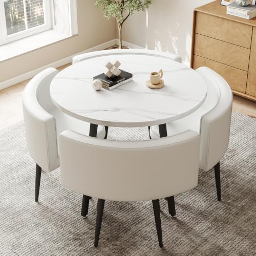 Modern White Round 4-Piece Dining Set, 31.49" Marble Stone Texture Wood Tabletop, PU Leather Foam Padded Chairs, Carbon Steel Leg Small Apartment Breakroom Dinette