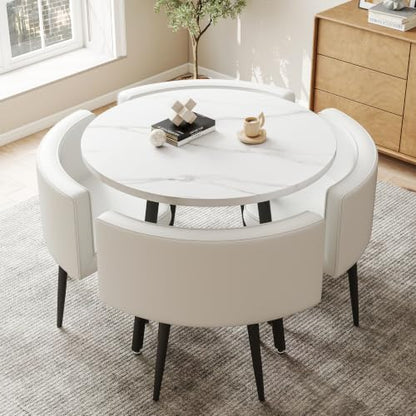 Modern White Round 4-Piece Dining Set, 31.49" Marble Stone Texture Wood Tabletop, PU Leather Foam Padded Chairs, Carbon Steel Leg Small Apartment Breakroom Dinette