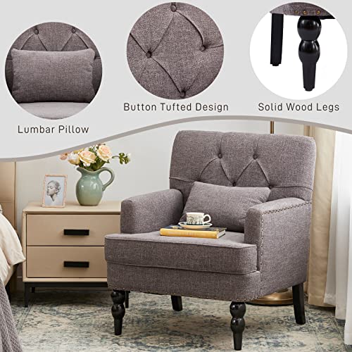 HUIMO Accent Chair, Tufted Upholstered Club Chair, Grey | Tufted upholstered club chair with lumbar pillow and solid wood legs. Suitable for living rooms, bedrooms, and reading nooks. - color: Grey