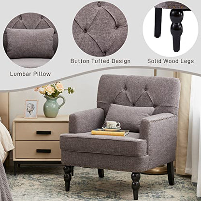 HUIMO Accent Chair, Tufted Upholstered Club Chair, Grey | Tufted upholstered club chair with lumbar pillow and solid wood legs. Suitable for living rooms, bedrooms, and reading nooks. - color: Grey