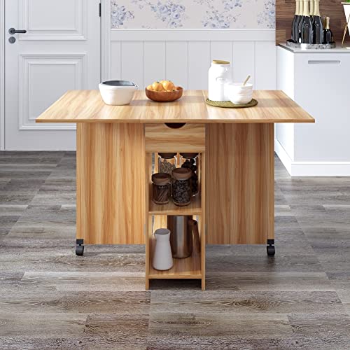 Mondeer Folding Dining Table with Drawer and Shelves, Red Oak | Drop Leaf Kitchen Table with 1 Drawer and 2 Storage Shelves in Modern Style for Small Spaces and Seats 4-6 People. - color: Red Oak