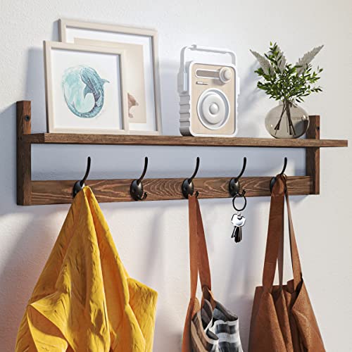 BAMEOS Wall Mounted Coat Rack with Adjustable Easy Install, Rust Proof, Brown Wooden Material, 28.9 Inch Length - style: Brown-28.9IN with shelf