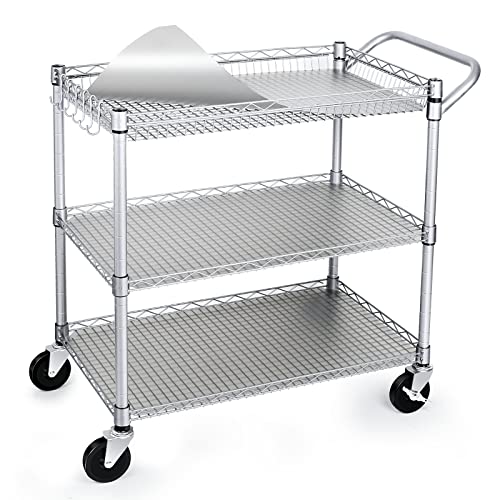 990Lbs Capacity Heavy Duty Rolling Utility Cart, NSF Rolling Carts with Wheels,Commercial Grade Metal Cart with Handle Bar & Shelf Liner,Trolley Serving Cart for Restaurant,Kitchen,Gray - color: Gray-3 Tier