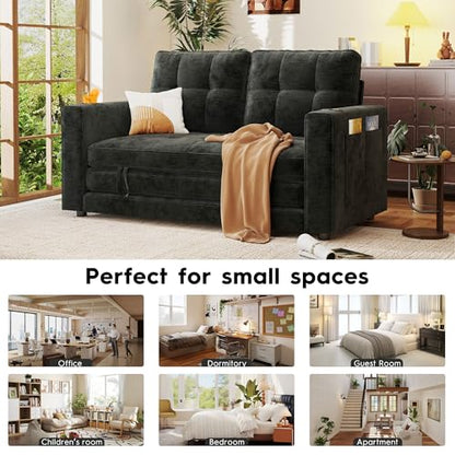 55" Convertible Folding Sofa Bed, Pull Out Couch Love Seat Sleeper Bed, Small Fold Out Loveseat Sleeper with Cup Holder and Pillow for Small Space, Bedroom Lounge, Dorm, Living Room(Black Chenille) - color: Black