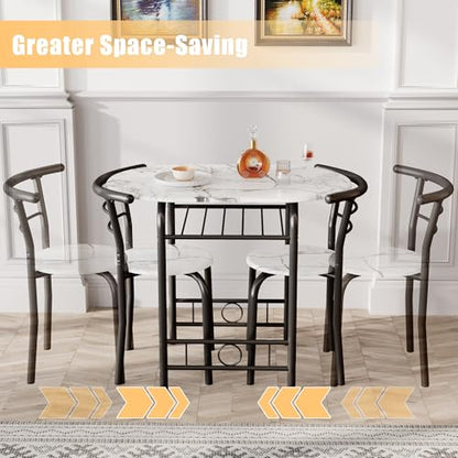 JUMMICO 3-Piece Wooden Round Table & Chair Set | Kitchen Breakfast Nook Wood Grain Tabletop with Metal Frame and Built-in Wine Rack for Kitchen, Dining Room (White/Black) - color: White/Black