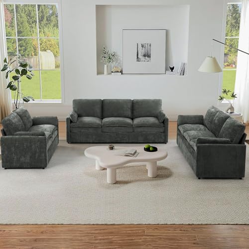 3 Pieces Chenille Sofa Set w/Two Arm Pillows, Grey | Upholstered Loveseat & 2 Pieces 3-Seater Sofa w/Soft Cushions, Modern 2-Seat & 3-Seat w/High-Density Foam for Living Room - color: Grey, size: 69" & 89" & 89" Sofa Set