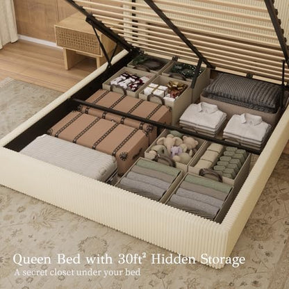 Queen Bed Frame with Lift Up Storage, 51.2" Tall Headboard and Upholstered Wingback Platform Bed Frame, Hydraulic Support, No Box Spring Needed, Beige Corduroy - size: Queen (U.S.Standard)