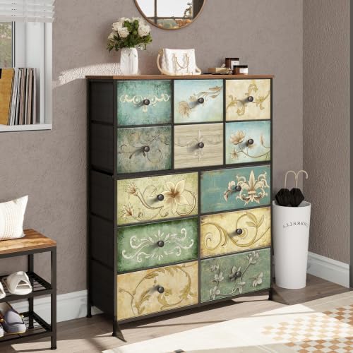 Dresser with Drawers for Bedroom Chest of Drawers Fabric Dresser for Closet,Nursery Entryway Hall Tree TV Stand for Living Room Retro Floral Pattern Drawers Wooden Top (12 Drawers) - size: 11.8"D x 39"W x 48.4"H (12 Drawers)