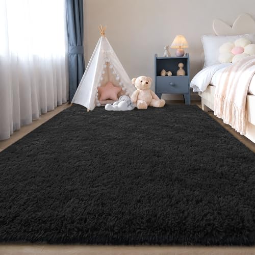 Zentavio Area Rugs for Living Room Small Carpet for Bedroom Black 3x5 Bedside Washable Soft Fluffy Shag Aesthetic Plush High Pile Throw Rug for Nursery Kids Room Dorm Room - color: Black, size: 3' x 5' (Rectangular)