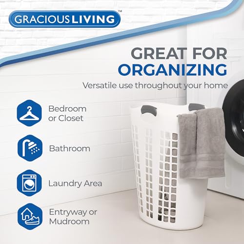 Gracious Living Laundry Basket, Easy Carry Flex Collapsible Hamper, 87.5L | Large Plastic Clothes Storage Organizer for Home, Bathroom, and Bedroom, White - size: 1 Pack
