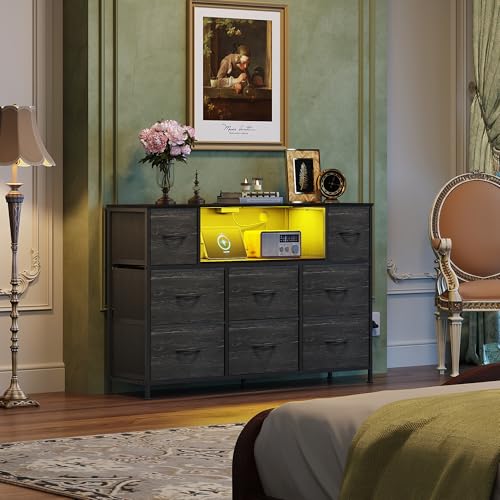 WLIVE Dresser TV Stand for 55 Inch TV, 8 Drawers, LED, Black Wood Grain | Fits TVs up to 55 inch, 8 fabric drawers, Built-in power outlet, Chest of drawers, Living room or bedroom - color: Charcoal Black Wood Grain