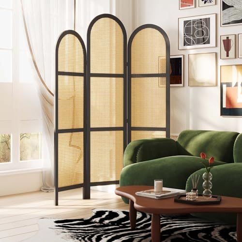 3-Panel Hand-Woven Rattan Room Divider, Tall Foldable Privacy Screen with Wooden Frame - Freestanding Portable Partition for Home Office, Bedroom, Bathroom(Black-Wave) - color: Black-wave