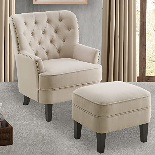 Rosevera Accent Chair and Ottoman Set - Button Tufted Armchair for Living Room, Bedroom, Reading - Mid-Century Modern Lounge Chair Set - Beige - color: Velvet Light Beige With Ottoman
