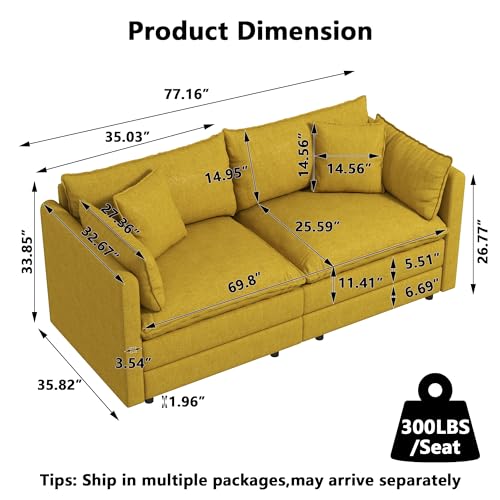 Aoowow Modular Sectional Sofa Modern Convertible Loveseat Couch,76 Inch Deep 2-Seater Sofas Comfy Chenille Cloud Sofas and Couches with Pillows for Living Room Apartment（Yellow） - color: Yellow, size: 2 Seat