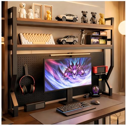 Desktop Hutch Bookshelf,Many Gifts,Metal Desktop Bookcase with pegboard, Desk Shelf, Countertop Storage Organizer Rack for Dorm or Office,Desktop Shelves (Natural+Black, 45.3" Lx9.9 Wx39 H) - color: Natural+black, size: 45.3" Lx9.9 Wx39 H