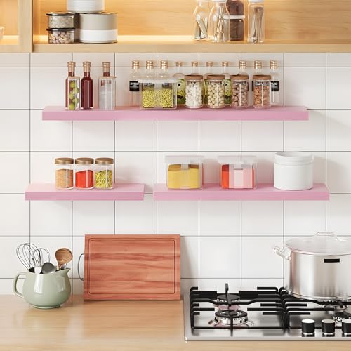 SAUMONIERES Floating Wall Shelves for Bedroom Bathroom Wall Mounted Solid Wood Shelf 24 Inch Set of 3, Pink Floating Shelves - color: Pink, size: 24 Inch-3 shelves