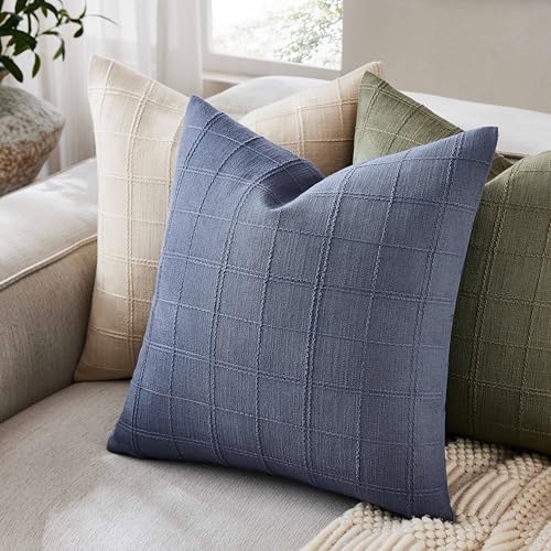 Linen Checked Throw Pillow Covers Set of 2, 20x20 Inch Allover Grid Blue, Farmhouse Decorative Double Sided Grid Embroidered Couch Pillow Cases Blue Cotton Linen Cushion Covers - color: Allover Grid Blue, size: 20" x 20" (Pack of 2)