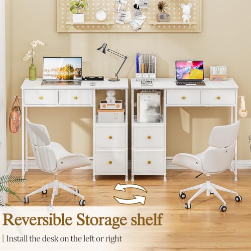 3IngSeagulls Small Computer Desk with 4 Fabric Drawers, Simple Writing Desk for Home Office, Compact Study Desks for Small Spaces, Kids Desk Study for Bedroom, White - color: White