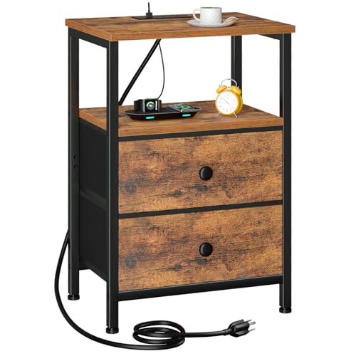 Night Stand, Small Nightstand with Charging Station | Bedside Table with 2 Fabric Drawers, End Table Living Room, Side Table with USB & Type-C Ports for Bedroom, Rustic Brown - color: Rustic Brown, style: Two-drawer